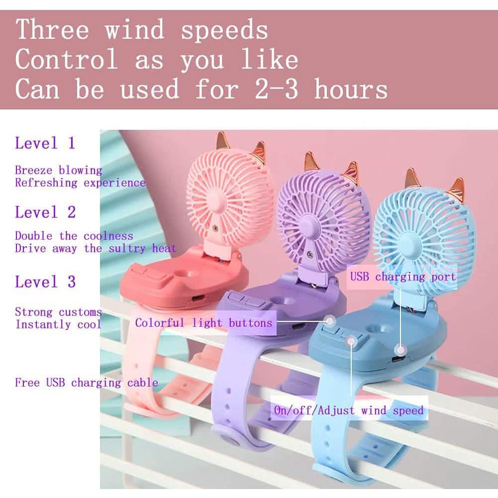 360°Rotation Kids Portable Wrist Strap Mini Watch Hand Held Fan Cat Design